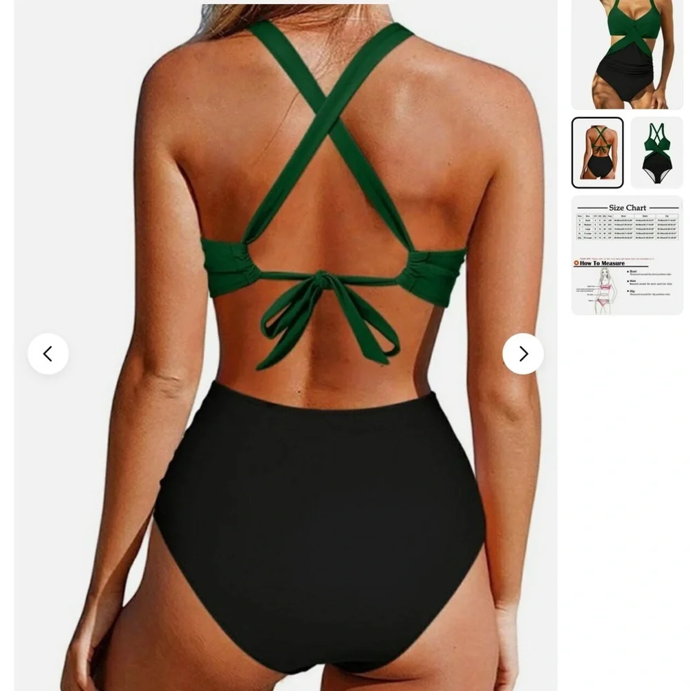 Women's Black V‎ Neck One Piece Black Swimsuit Lace up Monokini NWOT Size M